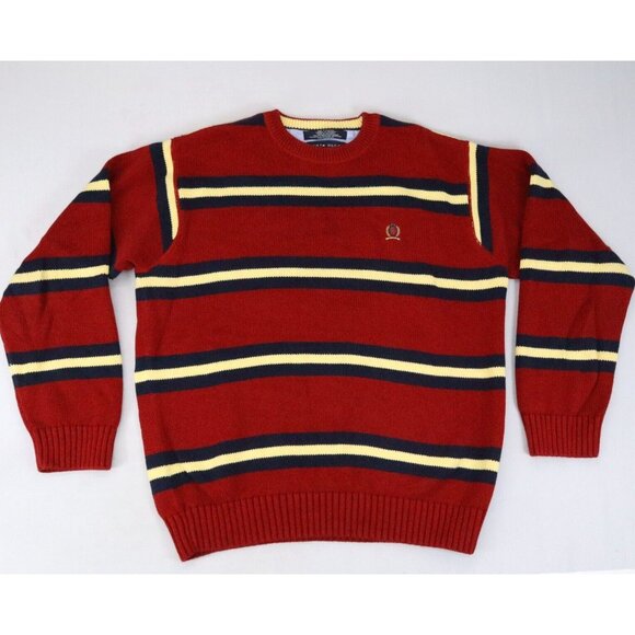 Vintage Tommy Hilfiger Striped Heavy Knit Crest Sweater Red‎ Yellow Blue Size L - Picture 1 of 6